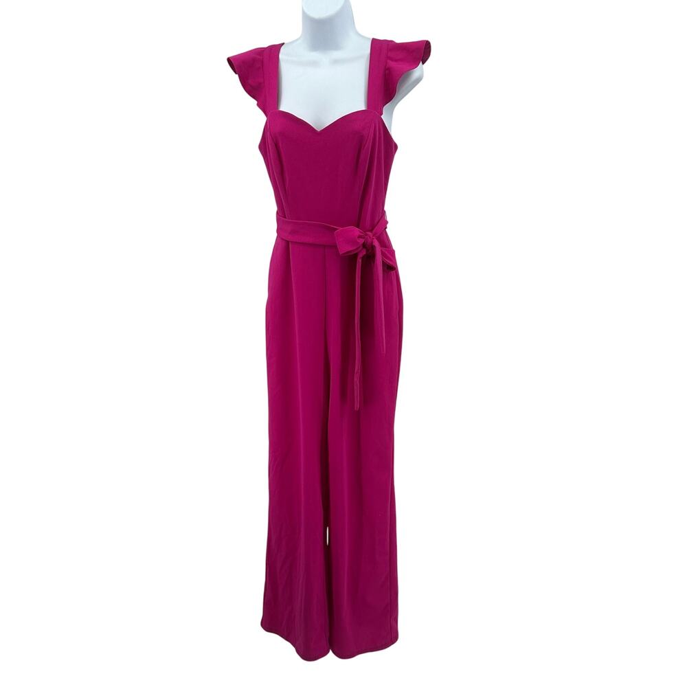 Crystal Sky Jumpsuit WMNS S Fuchsia Pink Ruffle Sleeve Belted Wide-Leg Back Zip
